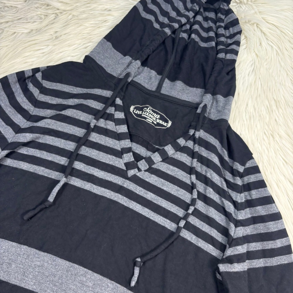 Soma Women's L Black Gray Striped Hooded Stretch Knit Tunic Top Lounge Cozycore - Picture 3 of 8